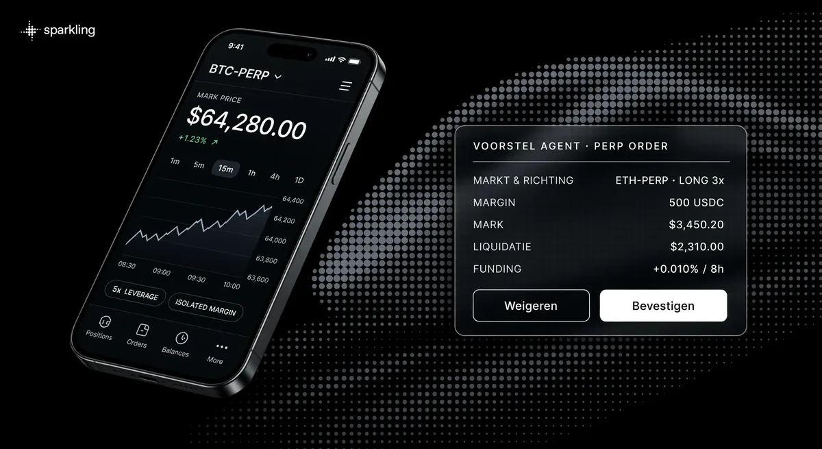 3D smartphone interface displaying an Ethereum perpetual futures position alongside an agent confirmation approval card over a blue halftone train background.