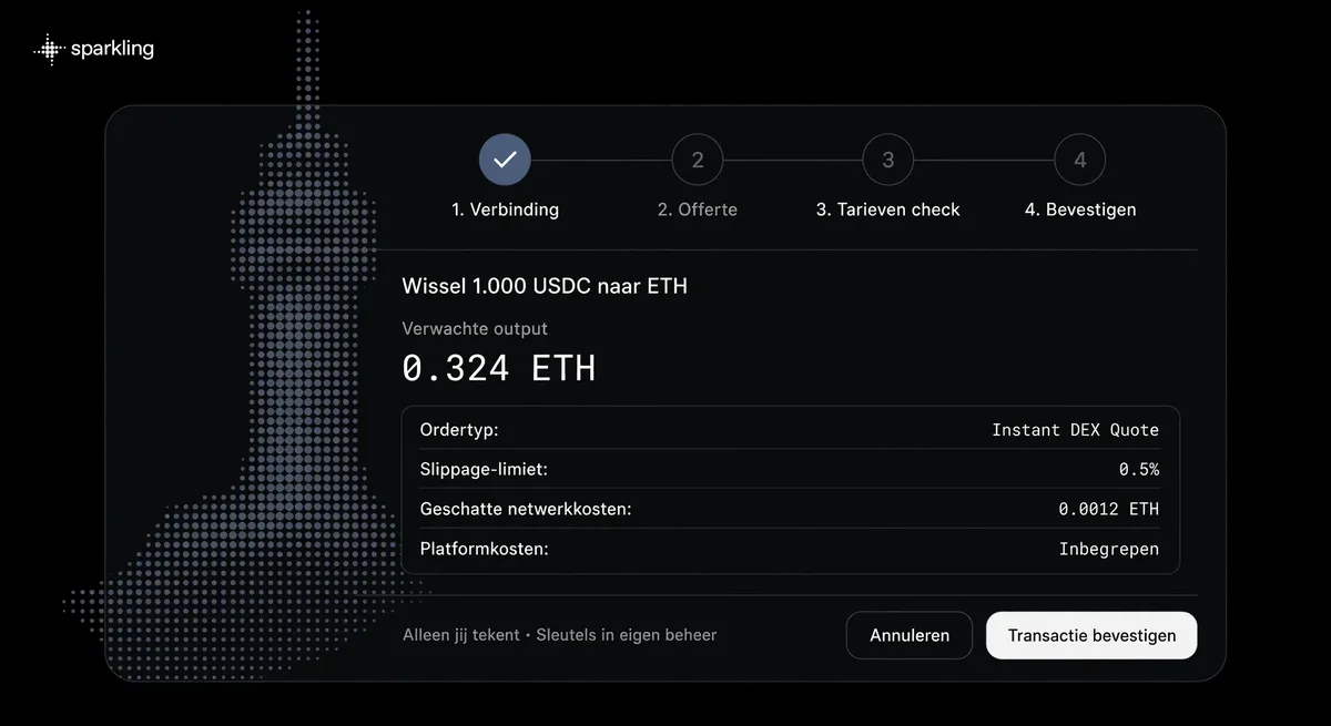 Detailed crypto swap confirmation dashboard card showing order parameters, slippage, and fees against a slate grey-blue halftone beacon tower background.