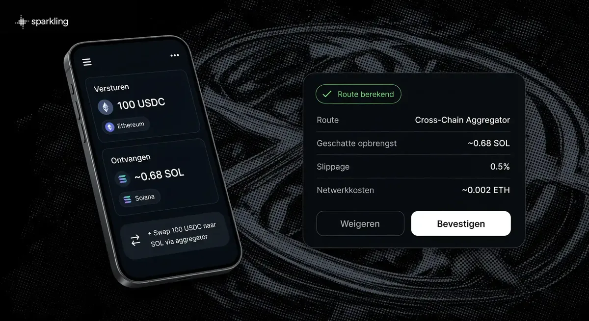 Sparkling crypto swap interface showing a 3D smartphone swap screen and a cross-chain quote review card on a halftone highway background.