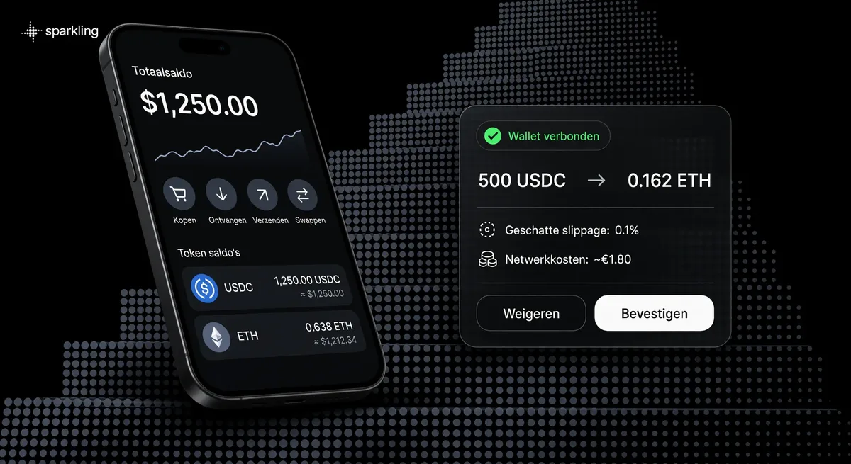 Fintech interface banner showing a tilted 3D mobile wallet balance alongside an execution quote card on a muted grey-blue halftone staircase background.