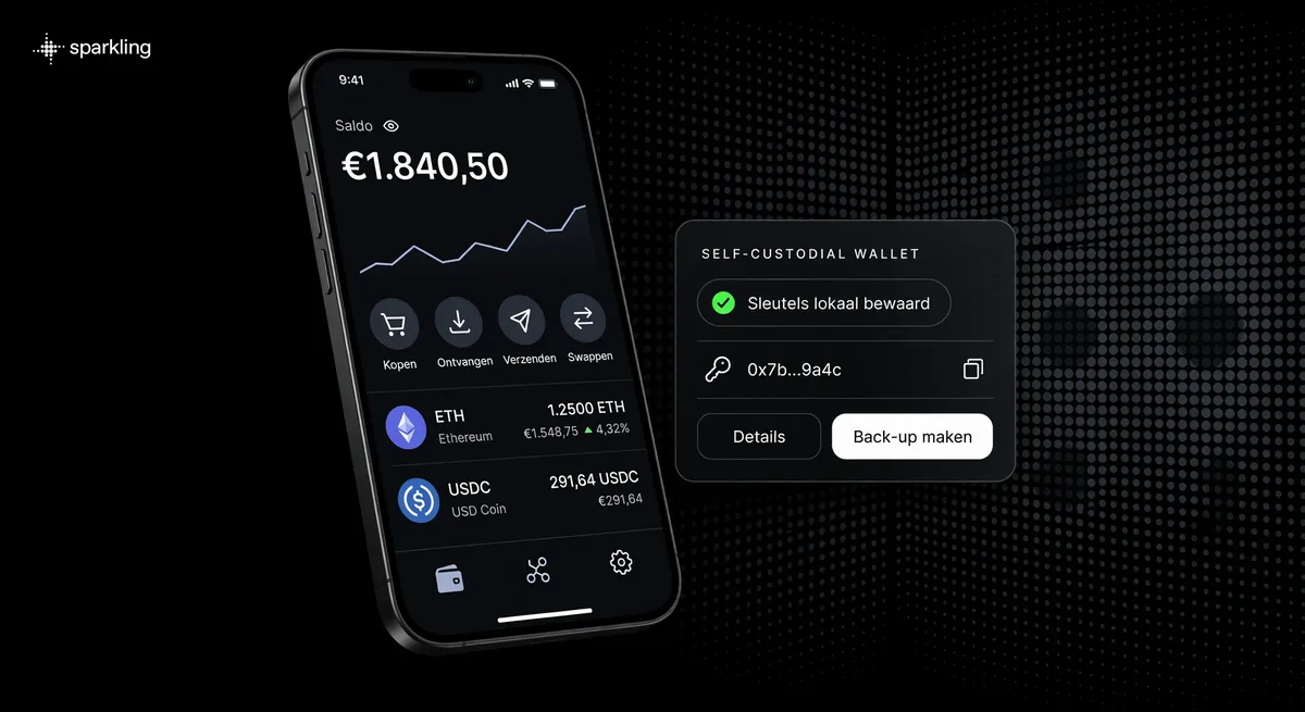3D smartphone mockup showing a crypto wallet interface alongside a self-custodial key management card over a muted grey-blue halftone vault background.