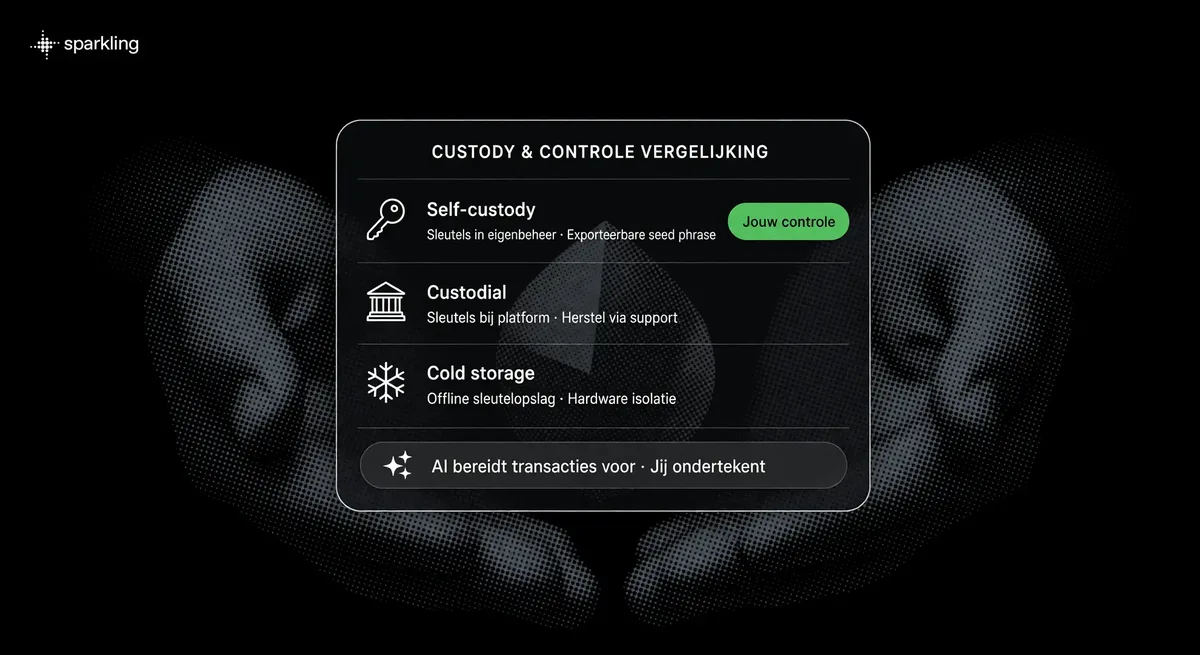 Detailed comparison card analyzing self-custodial, custodial, and cold storage crypto wallets against a muted grey-blue halftone hands silhouette.