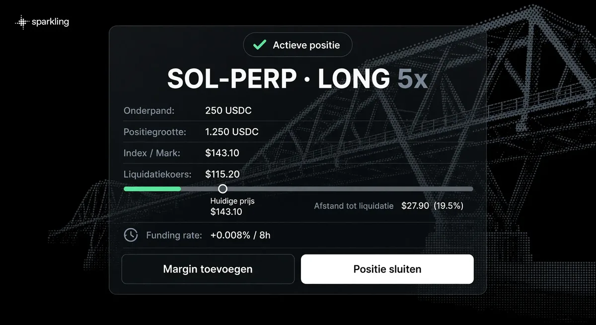 Detailed UI card showing margin, leverage, funding rate, and liquidation threshold for a crypto perpetual futures contract.