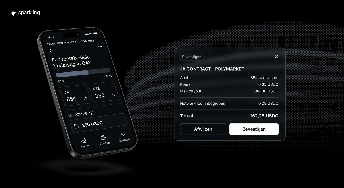 Hero image showing a 3D smartphone mockup with a Polymarket event on Sparkling and a prediction trade confirmation card against a dark halftone stadium background.