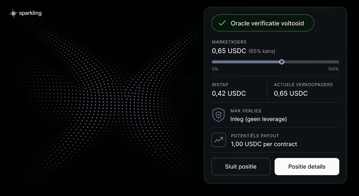 Detailed UI card illustrating probability pricing, outcome contract resolution, and position settlement on a dark halftone switch-track background.