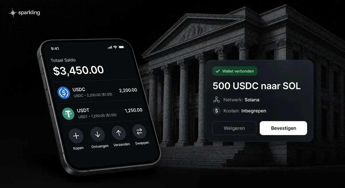 3D smartphone and stability analytics card showing USDC and USDT balances over a halftone architectural colonnade background.