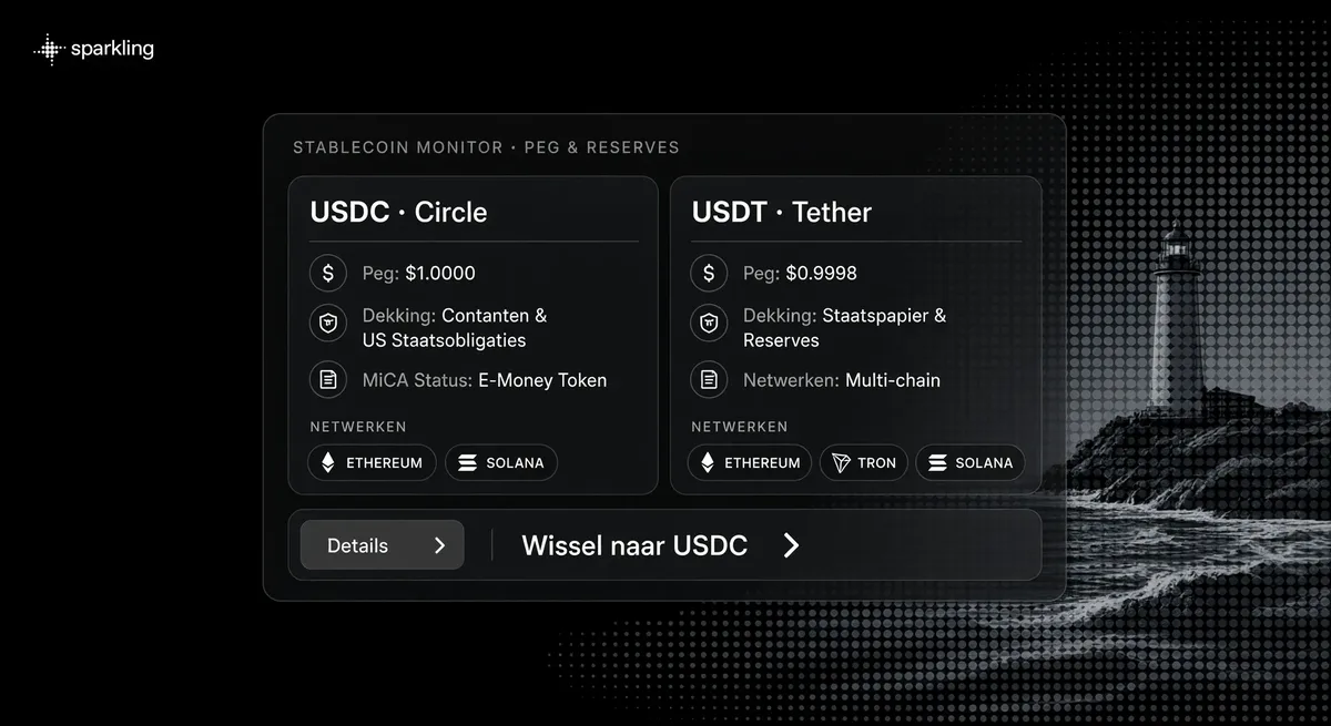 Detailed comparison panel contrasting USDT and USDC reserve models and network compatibility over a muted grey-blue halftone lighthouse backdrop.